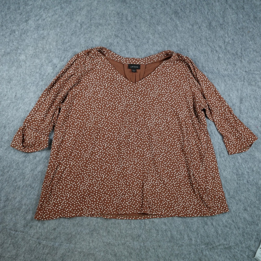 J Jill Top Women Extra Large Petite Brown Polka Dot V Neck Wearever 3/4 Sleeve